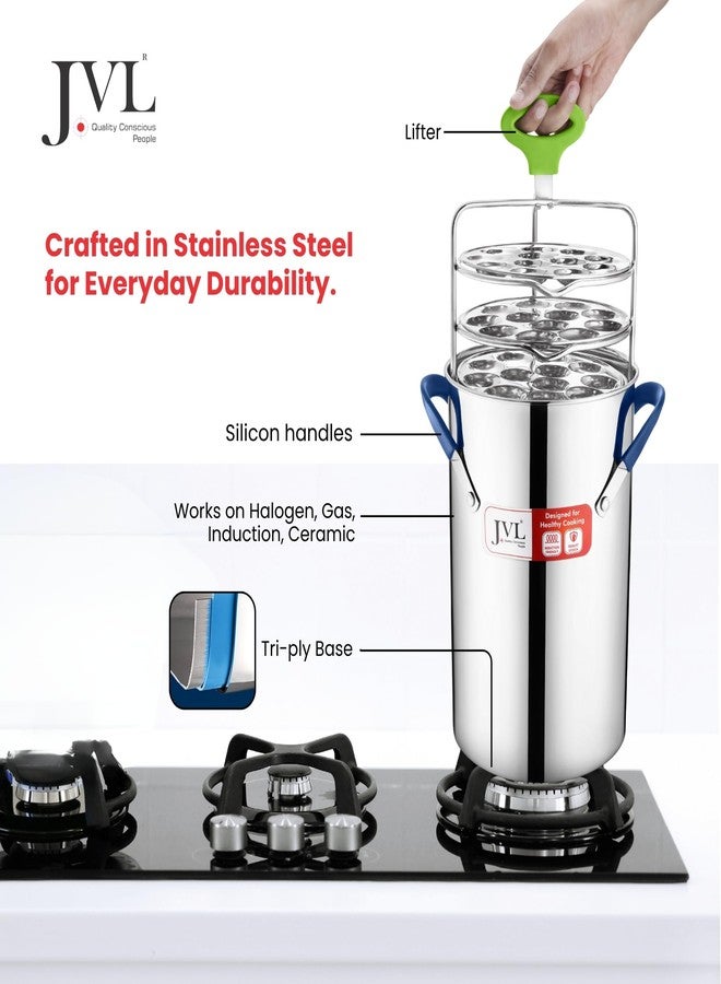 JVL Stainless Steel Triply Base Thatte Idly Maker (5 Thatte Idly, 5 Mini Idly plates) 1 Steamer Vessel, 5 Thatte Idly Plates, 5 Mini Idly Plates, 1 Stand, 1 Lifter and 1 Spatula - Image 2